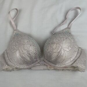 Victoria Secret Fabulous Plunge Bra Lace Overlay Rhinestone Embellishment 34B